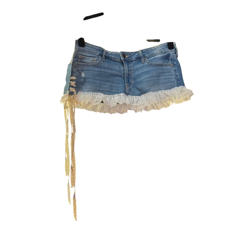 Upcycled Vintage Hollister Denim Lace Micro Mini Y2K Belt Skirt 31/M